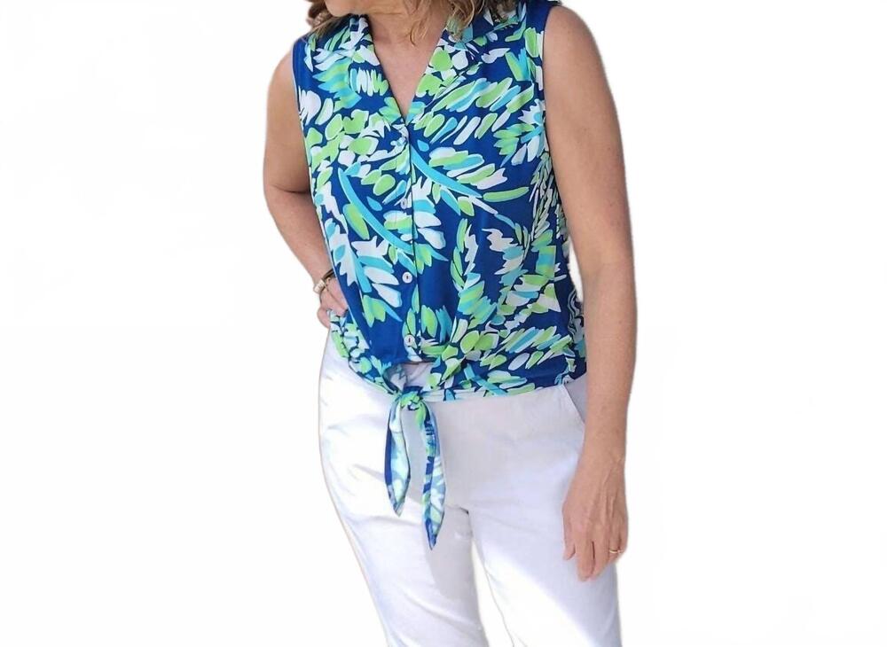NEW LA MER LUXE knit sleeveless crop tie-front madeira top in aegean jungle